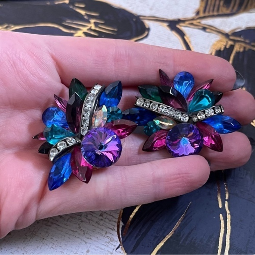 Vintage 1980s Runway Multicolor Pink Purple Blue Jewel Rhinestone Earrings C1